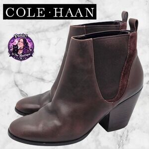 Cole Haan Ankle Boots Women 10B Brown Leather Grand.OS Block Heel Chelsea Bootie